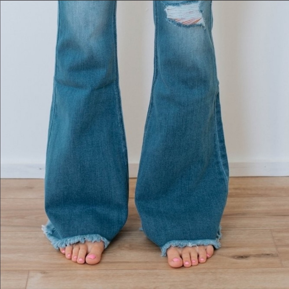 High Rise Waist Denim Jeans Bell Bottom Distressed - Picture 4 of 4